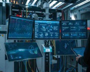 A photo of an AI system with multiple screens displaying data. There is a person standing with a tablet in front of the screens. The background contains a lot of equipment. The overall setting has a futuristic vibe.